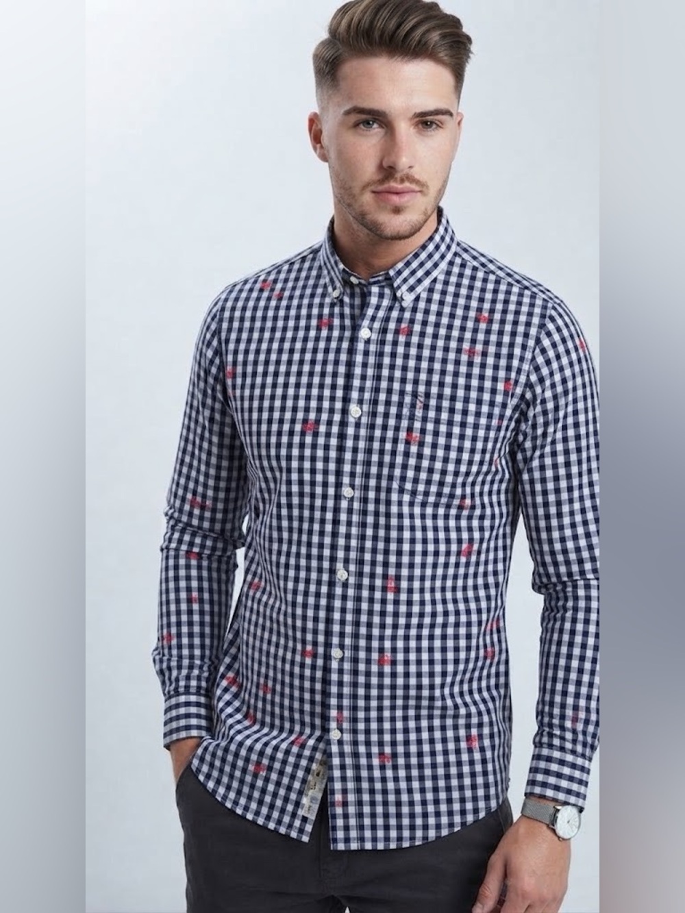 7 Diamonds Navy and White Gingham Button-Down Shirt with Red Detail
